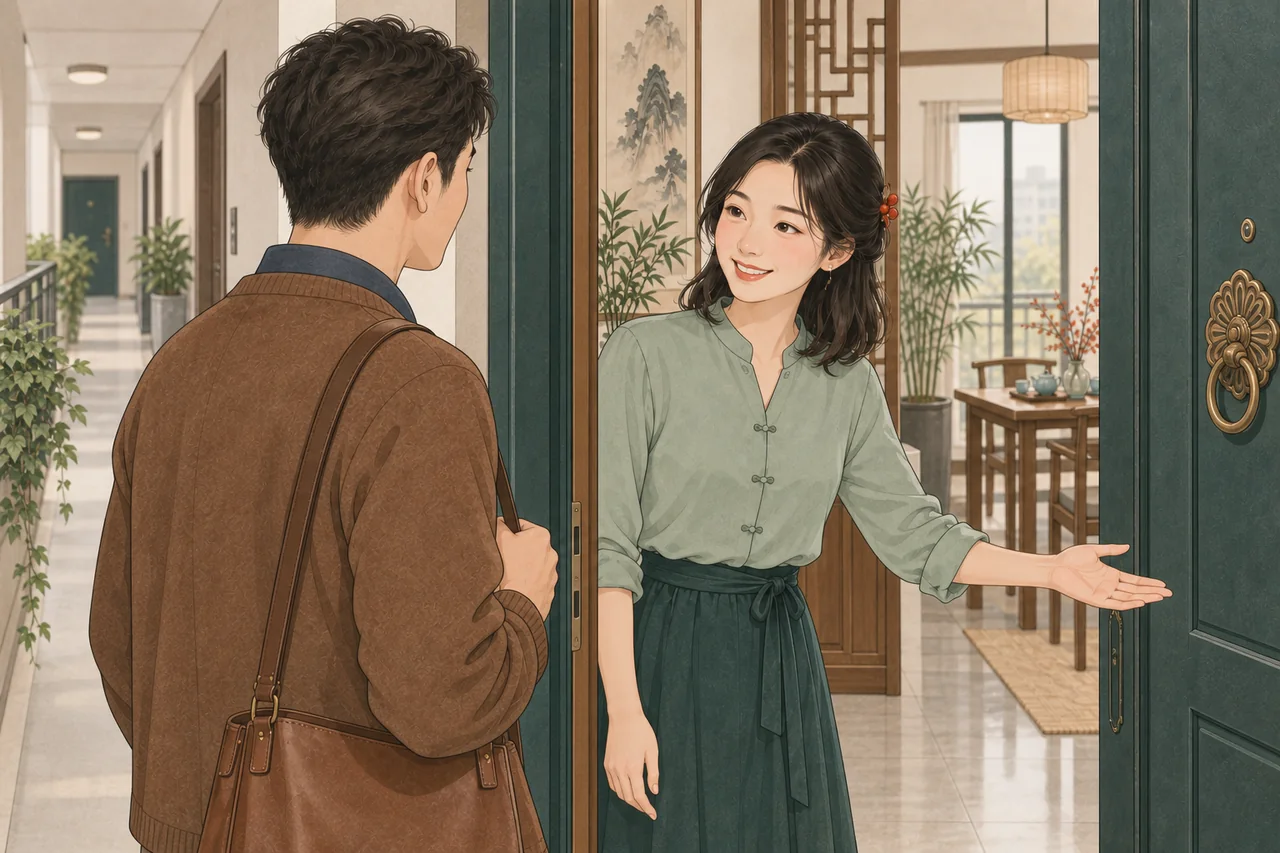 Lin welcomes her new neighbor Sam at the door.