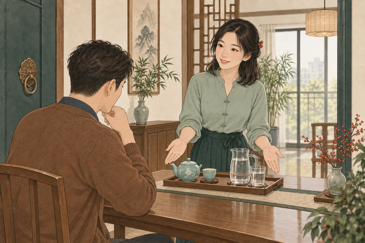 Lin offers tea or water and waits for Sam to choose.