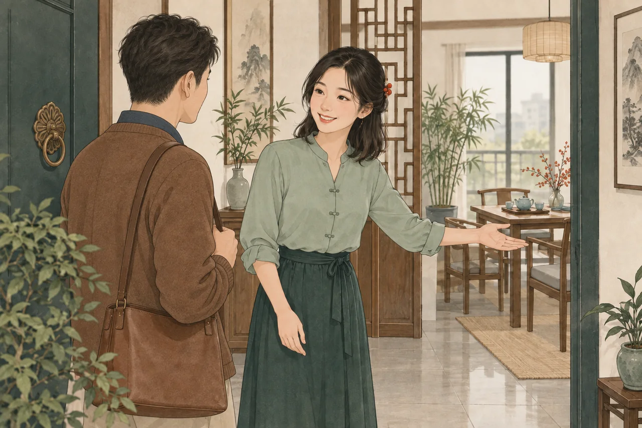 Lin smiles as she welcomes a guest at her front door.