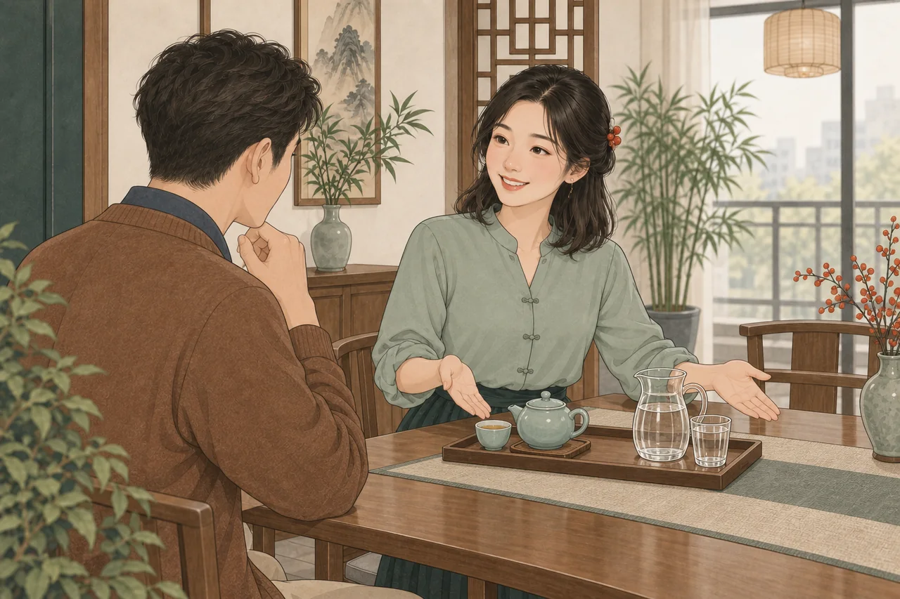 Lin offers a choice between tea and water.
