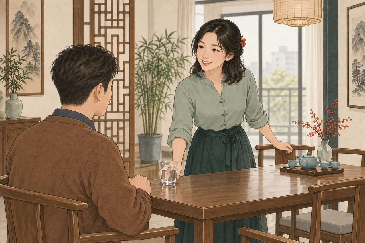 Lin places a cup of water on the table for her guest.